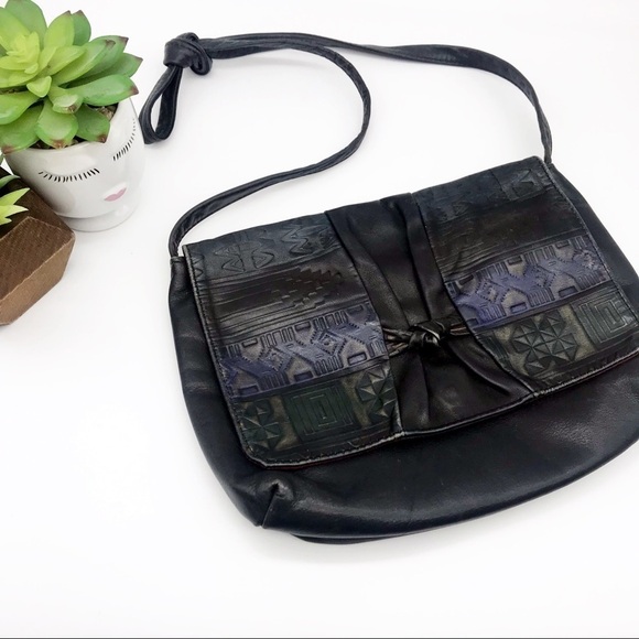 Vintage Black Faux Leather Tribal Design Crossbody - Picture 1 of 8
